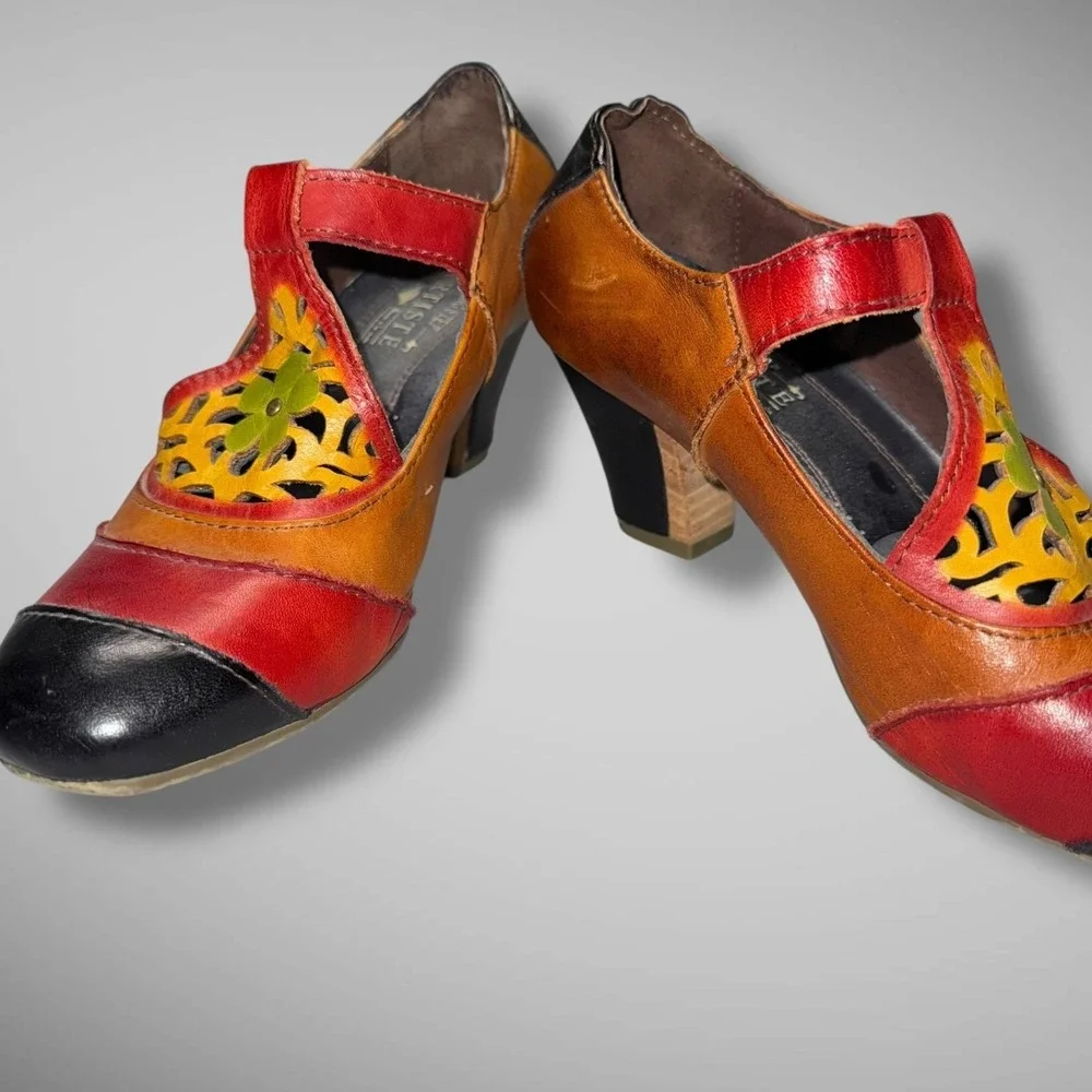 Spring Step L'Artiste Shoes Womens Size 37 Heels Leather Floral Cutout Multi